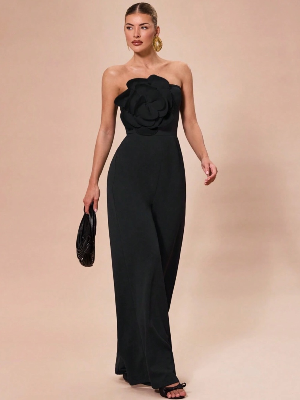 Flower Detail Strapless Black Elegant Jumpsuit High Waisted Long Wide Leg